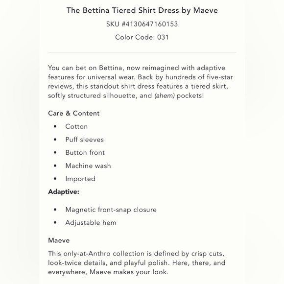 NWT: MAEVE BETTINA TIERED SHIRT DRESS BY ANTHROPOLOGIE - Picture 14 of 16